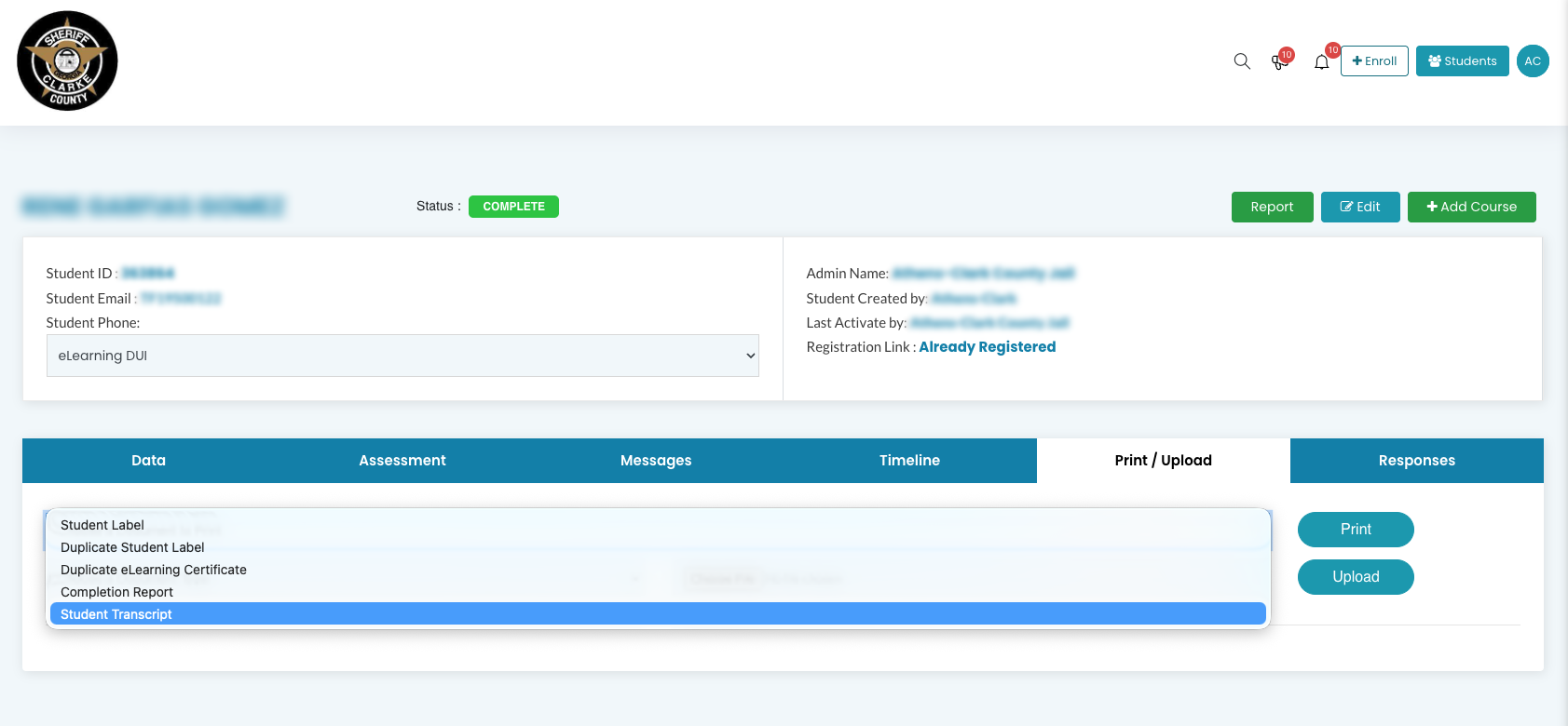 Select "Student Transcript" from Dropdown